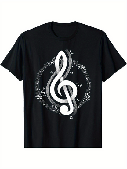 Men's Graphic T-Shirt Monochrome Musical Notes Encircling A Central Treble Clef Symbol