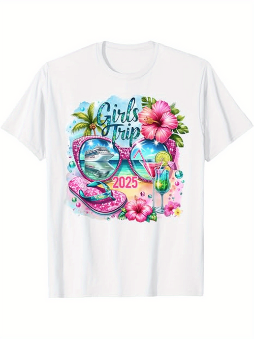 Men's Graphic T-Shirt Girls Trip 2025 Glittering Shell With Tropical Flowers And Palm