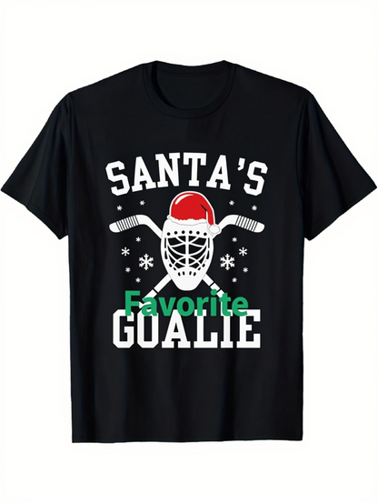 Men's Graphic T-Shirt Santas Favorite Goalie With Hockey Mask Sticks And Christmas Snowflakes