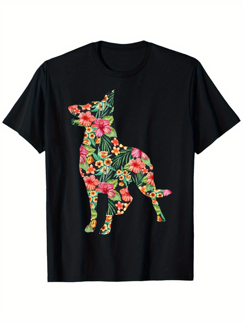 Men's Graphic T-Shirt Colorful Floral Pattern With Blooms Covering Silhouette Of Dog