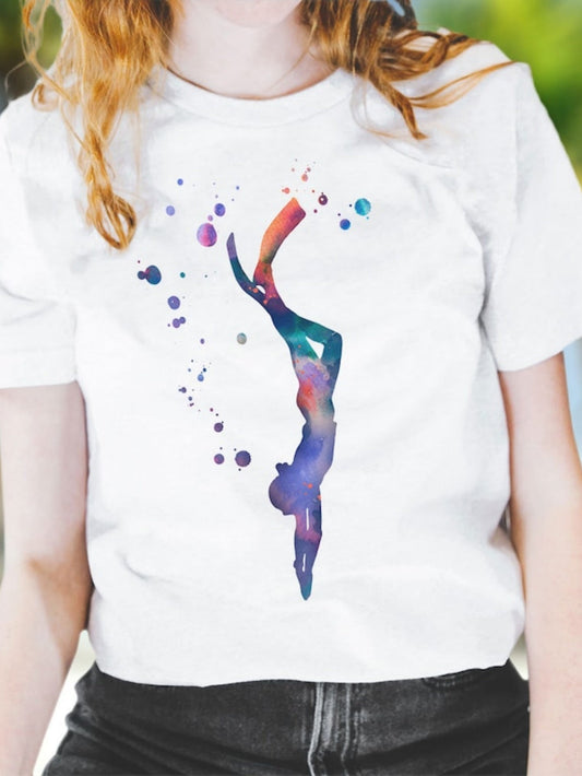 Women's Graphic T-Shirt Colorful Water Splash With Artistic Painted Diving Woman
