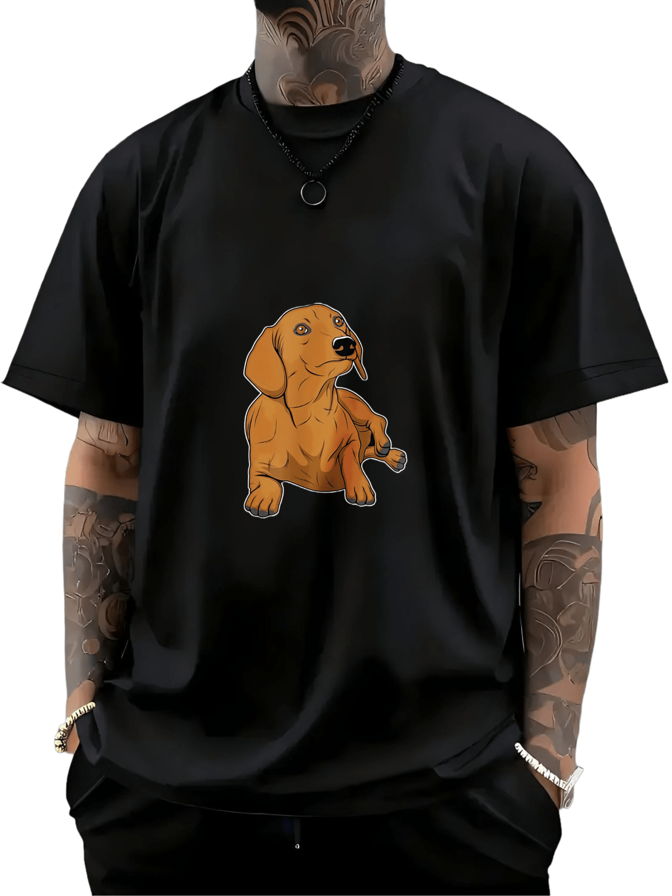 Men's Graphic T-Shirt Playful Golden Puppy Sitting Calmly On Black Cotton Fabric Puppy