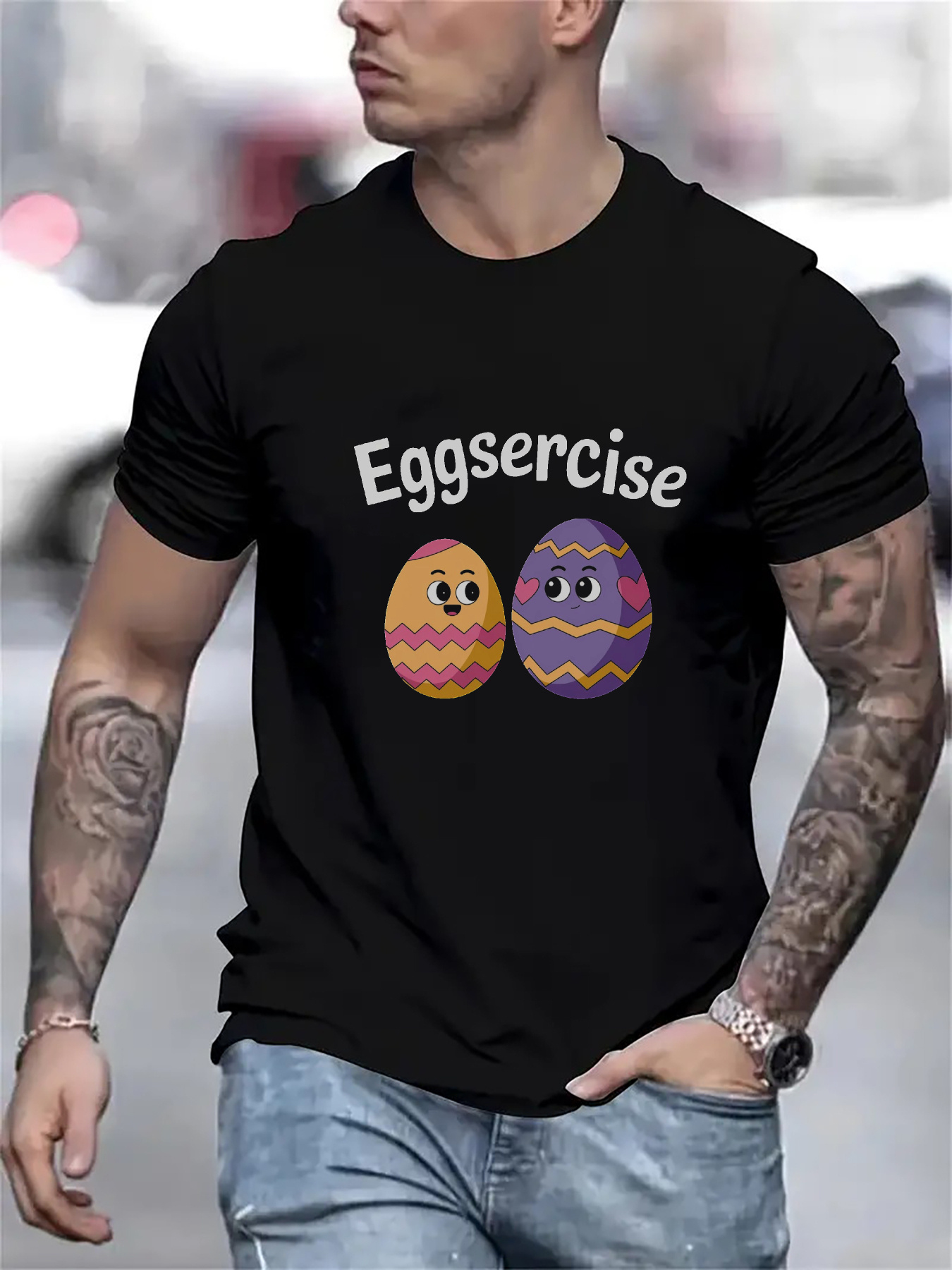Men's Graphic T-Shirt Eggsercise Colorful Cartoon Eggs With Playful Smiling Expressions Decorative Easter Egg