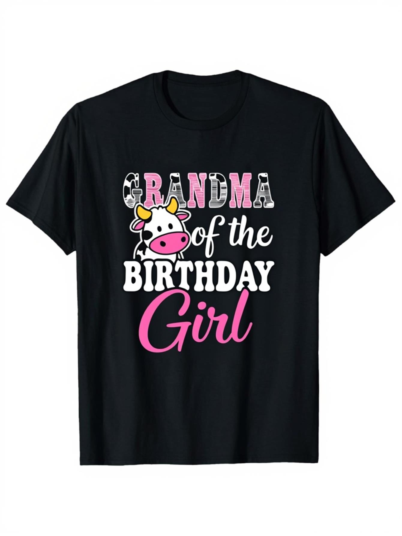 Men's Graphic T-Shirt Grandma Of The Birthday Girl With Pink Cartoon Cow Print Lettering