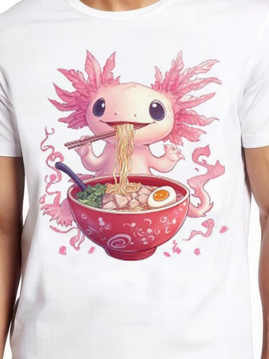 Women's Graphic T-Shirt Pink Axolotl With Cute Expression Savoring Noodles Over Decorative Ramen Bowl