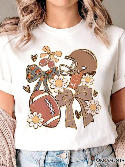Women's Graphic T-Shirt Retro Bow And Daisies With Football Helmet Surrounded By Flowers Football
