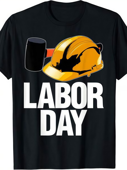 Men's Graphic T-Shirt Labor Day Yellow Helmet With Black Hammer Construction Theme