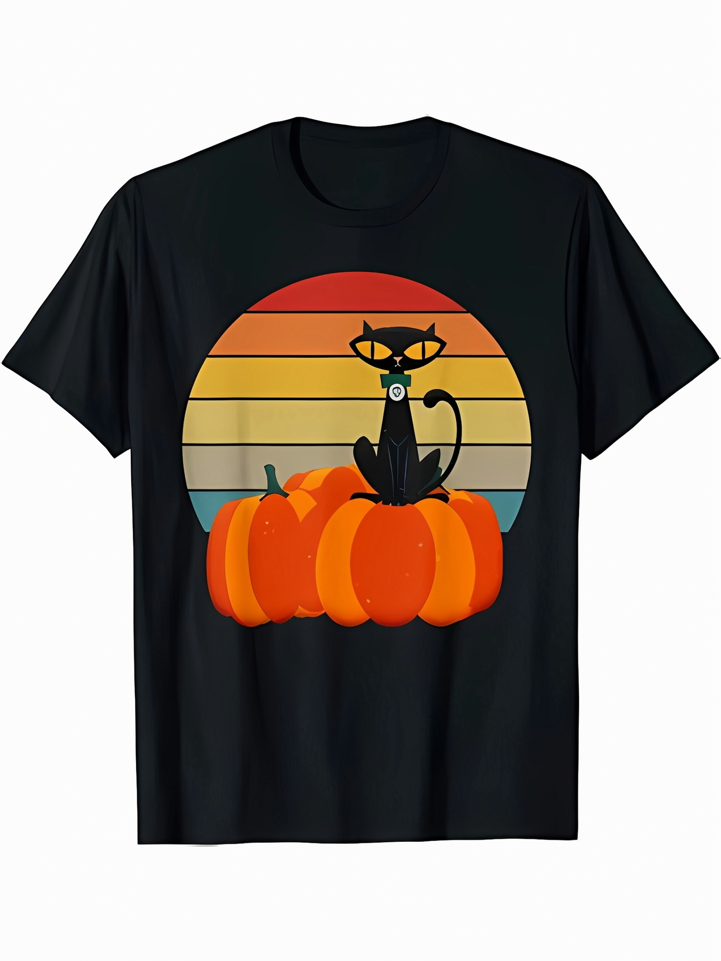 Men's Graphic T-Shirt Retro Sunset With Pumpkins And Mysterious Sitting Black Cat