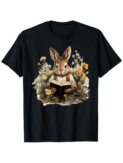 Men's Graphic T-Shirt Charming Meadow With Wildflowers Surrounding A Bookish Gentle Rabbit