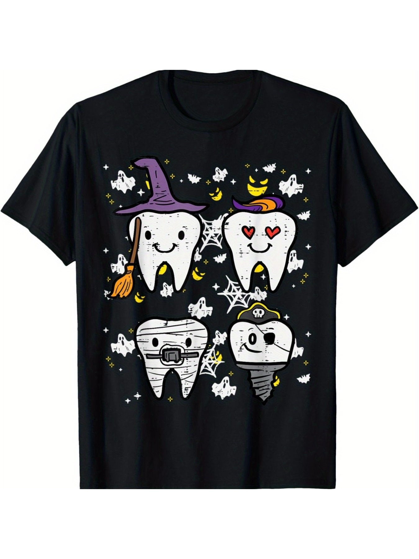 Men's Graphic T-Shirt Cartoon Teeth With Halloween Decorations Amid Whimsical Stars And Bats