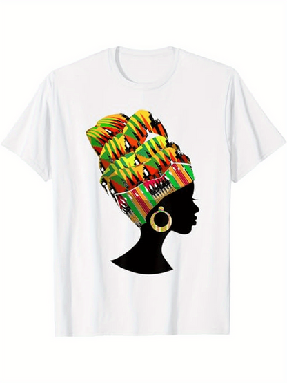 Men's Graphic T-Shirt Colorful Headwrap With Bold Gold Earrings Silhouette Woman