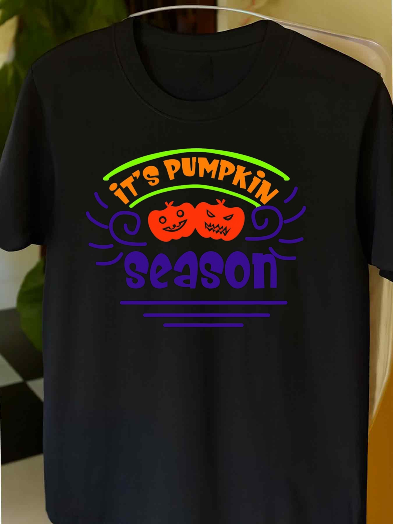 Men's Graphic T-Shirt Its Pumpkin Season With Grinning Jack O Lanterns Surrounded By Vibrant Swirls Pumpkin