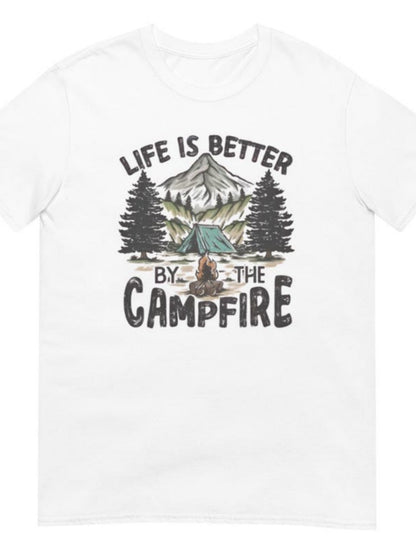 Men's Graphic T-Shirt Life Is Better By The Campfire With Pine Trees Mountains And Burning Logs Campfire