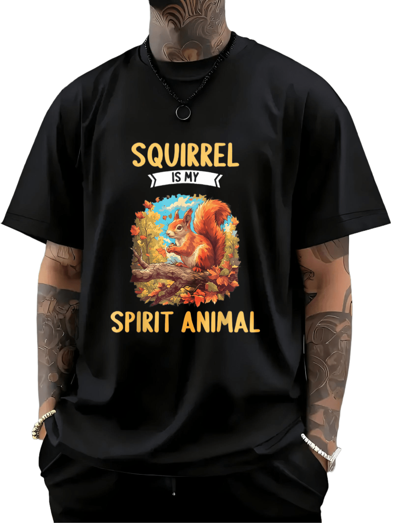 Men's Graphic T-Shirt Squirrel Is My Spirit Animal Surrounded By Forest Leaves Cheerful Squirrel
