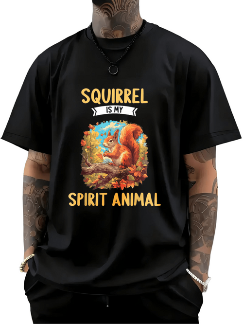 Men's Graphic T-Shirt Squirrel Is My Spirit Animal Surrounded By Forest Leaves Cheerful Squirrel
