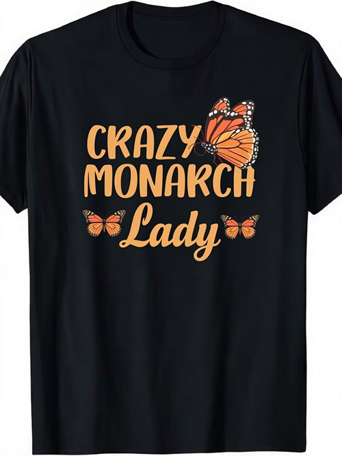 Men's Graphic T-Shirt Crazy Monarch Lady Surrounded By Orange Butterflies Fluttering Gracefully Monarch Butterfly