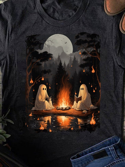Men's Graphic T-Shirt Full Moon Forest Campfire With Glowing Lanterns And Ghostly Reflections Ghost