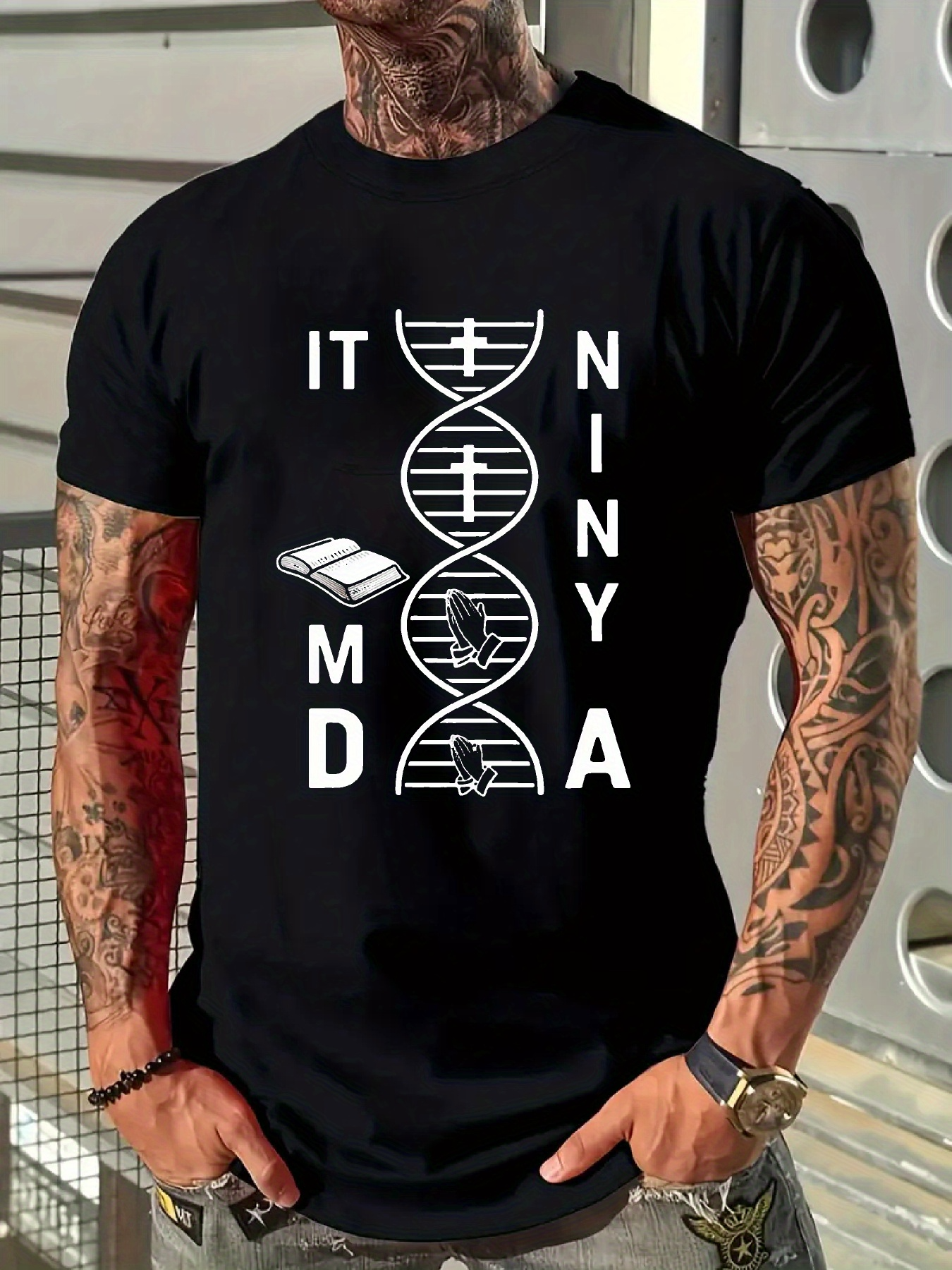 Men's Graphic T-Shirt Modern Graphic Double Helix Design With Abstract Letters And Book DNA