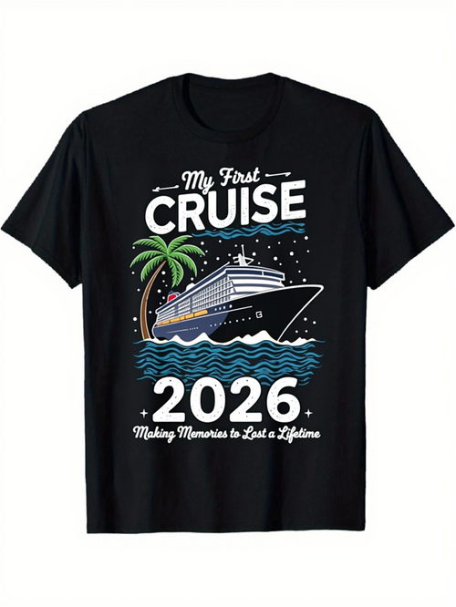 Men's Graphic T-Shirt My First Cruise Ocean Waves With Palm Tree And Large Ship