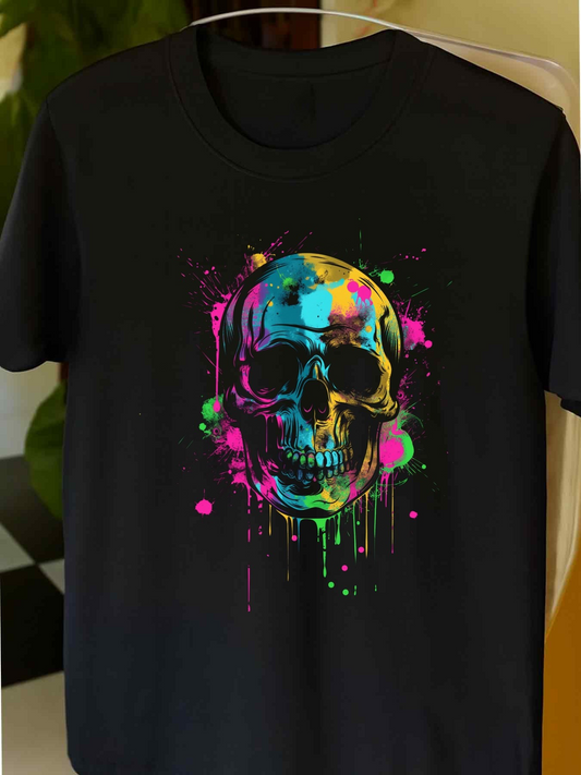 Men's Graphic T-Shirt Colorful Paint Splatters With Neon Drips Surrounding A Luminous Skull