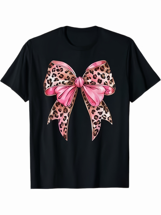 Men's Graphic T-Shirt Pink Leopard Print Patterned Ribbon With Glossy Finish Bow