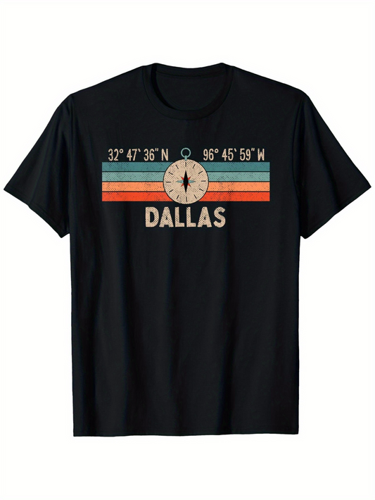 Men's Graphic T-Shirt Dallas Retro Sunset With Coordinates And Compass Dallas