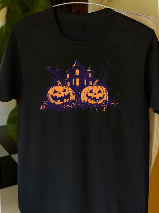 Men's Graphic T-Shirt Spooky Night With Glowing Pumpkins Under Haunted House Shadows Pumpkin