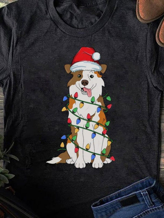 Men's Graphic T-Shirt Christmas Lights Wrapping Around Festive Dog With Santa Hat