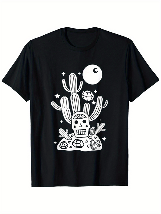 Men's Graphic T-Shirt Moonlit Desert Scene With Cactus Stars And Decorative Skull