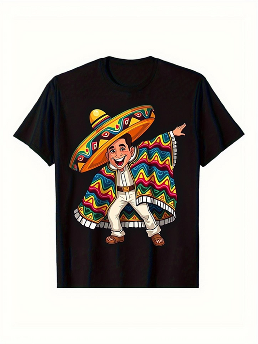 Men's Graphic T-Shirt Dancing Man With Colorful Poncho And Wide Brimmed Traditional Hat