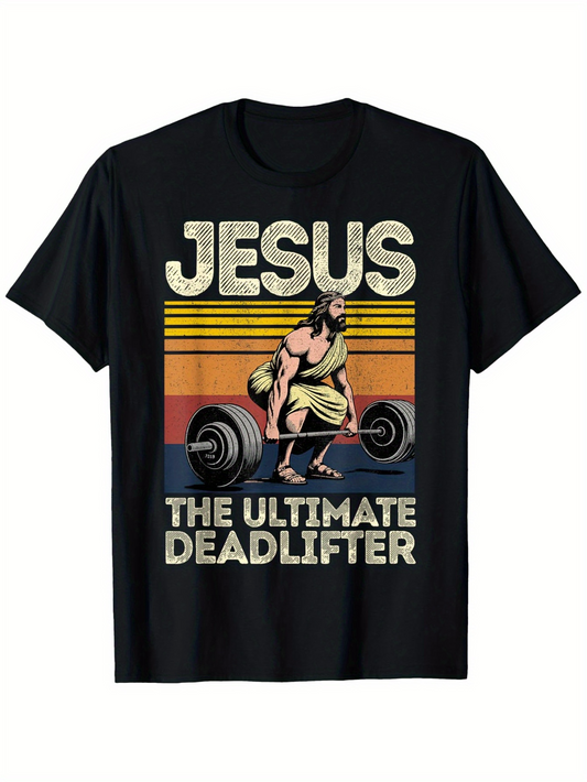 Men's Graphic T-Shirt Retro Sunset With Weightlifting Biblical Figure Under Vintage Text