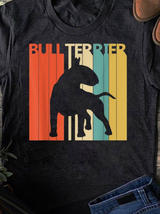 Men's Graphic T-Shirt Bull Terrier Silhouette Over Colorful Retro Striped Background Dog