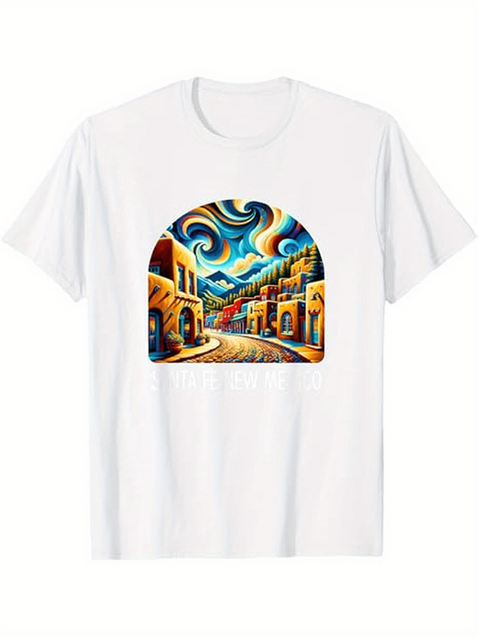 Men's Graphic T-Shirt Colorful Curved Rooftops With Swirling Skies And Sunlit Alleyway Street