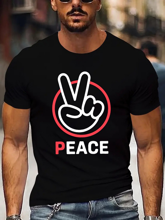 Men's Graphic T-Shirt Peace Hand Gesture With Red Circle Illustrating The Symbol Of Tranquility