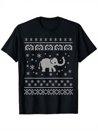 Men's Graphic T-Shirt Winter Knitted Pattern With Snowflakes Around Playful Elephant