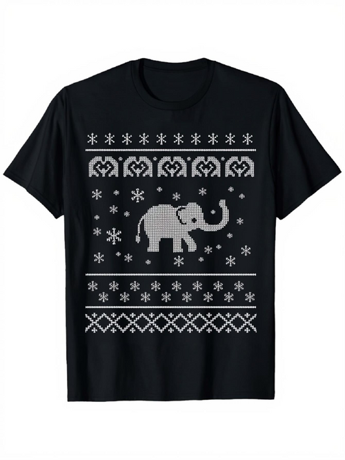 Men's Graphic T-Shirt Winter Knitted Pattern With Snowflakes Around Playful Elephant