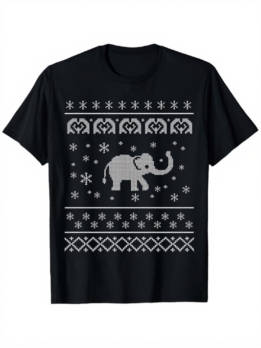 Men's Graphic T-Shirt Winter Knitted Pattern With Snowflakes Around Playful Elephant