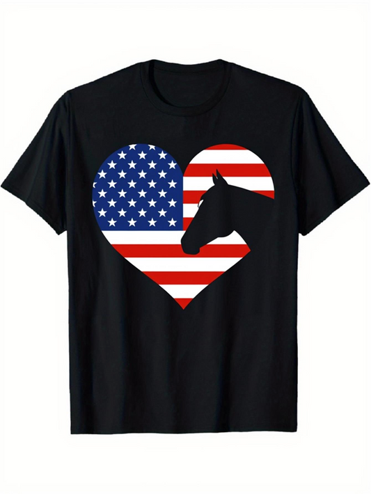 Men's Graphic T-Shirt Patriotic American Flag Patterned Heart With Horse Silhouette