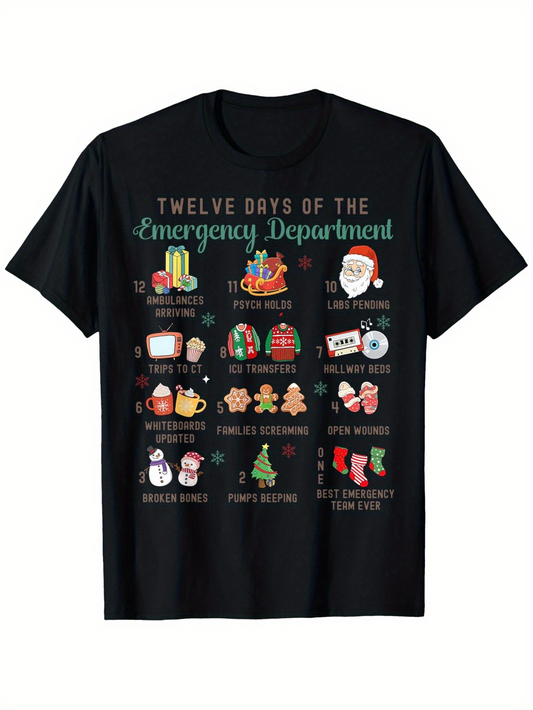 Men's Graphic T-Shirt Twelve Days Of The Emergency Department With Christmas Holiday Elements On Black Shirt