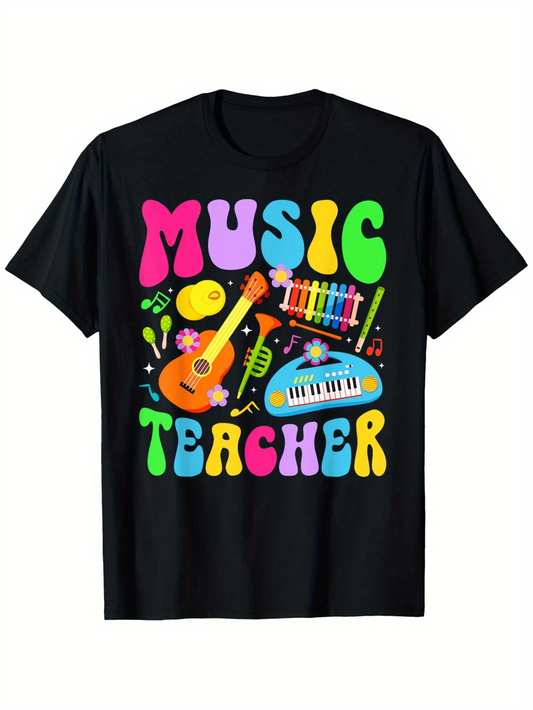 Men's Graphic T-Shirt Music Teacher Colorful Musical Notes With Instruments And Flowers