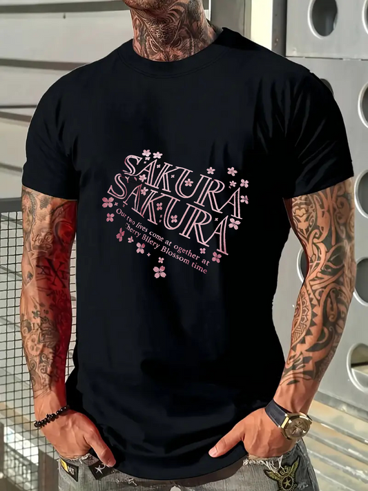 Men's Graphic T-Shirt Sakura Sakura Blossom Petals With Delicate Pink Flowers Surrounding Word Sakura