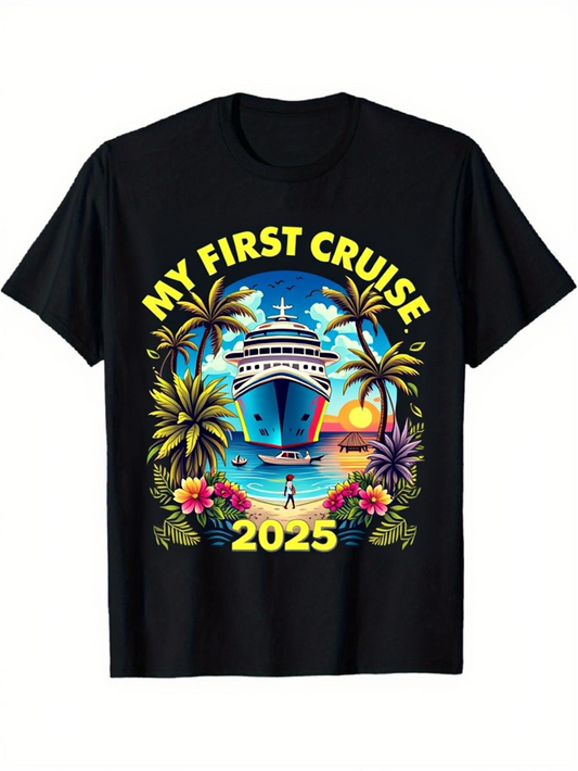 Men's Graphic T-Shirt My First Cruise With Palm Trees Beach Sunset And Ocean Ship