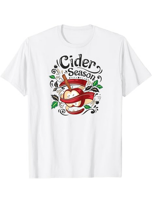 Men's Graphic T-Shirt Cider Season Juicy Red Apple With Fresh Green Leaves And Artistic Script Design