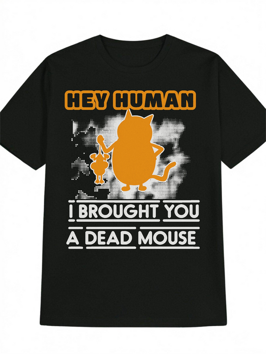 Men's Graphic T-Shirt Hey Human With Cat Holding Mouse Over Abstract Background Cat