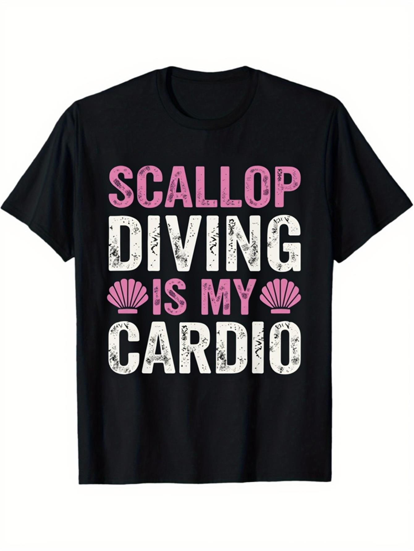 Men's Graphic T-Shirt Scallop Diving Is My Cardio Playful Pink And White Lettering Seashell