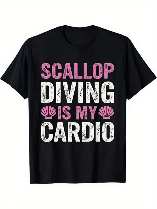 Men's Graphic T-Shirt Scallop Diving Is My Cardio Playful Pink And White Lettering Seashell