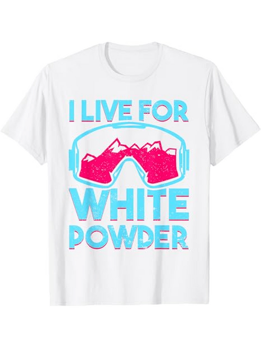 Men's Graphic T-Shirt I Live For White Powder Pink Mountains With Ski Goggles Featuring Bold Blue Letters