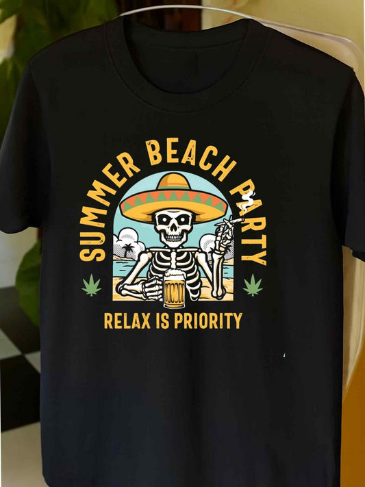 Men's Graphic T-Shirt Summer Beach Party Skeleton Wearing Sombrero Drinking Beer Under Palm Tree