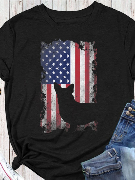 Men's Graphic T-Shirt American Flag With Weathered Edges Featuring Silhouette Of Loyal Corgi Dog