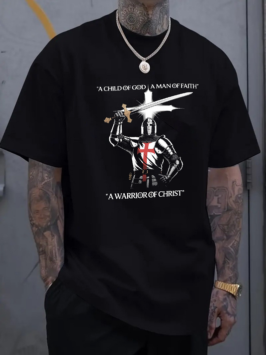 Men's Graphic T-Shirt A Child Of God A Man Of Faith Warrior Knight With Cross Sword Under Dark Sky